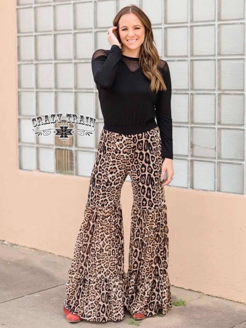 Crazy Train Animal Print Bell Bottom Flare Mesh Pants L Festival Leopard Boho